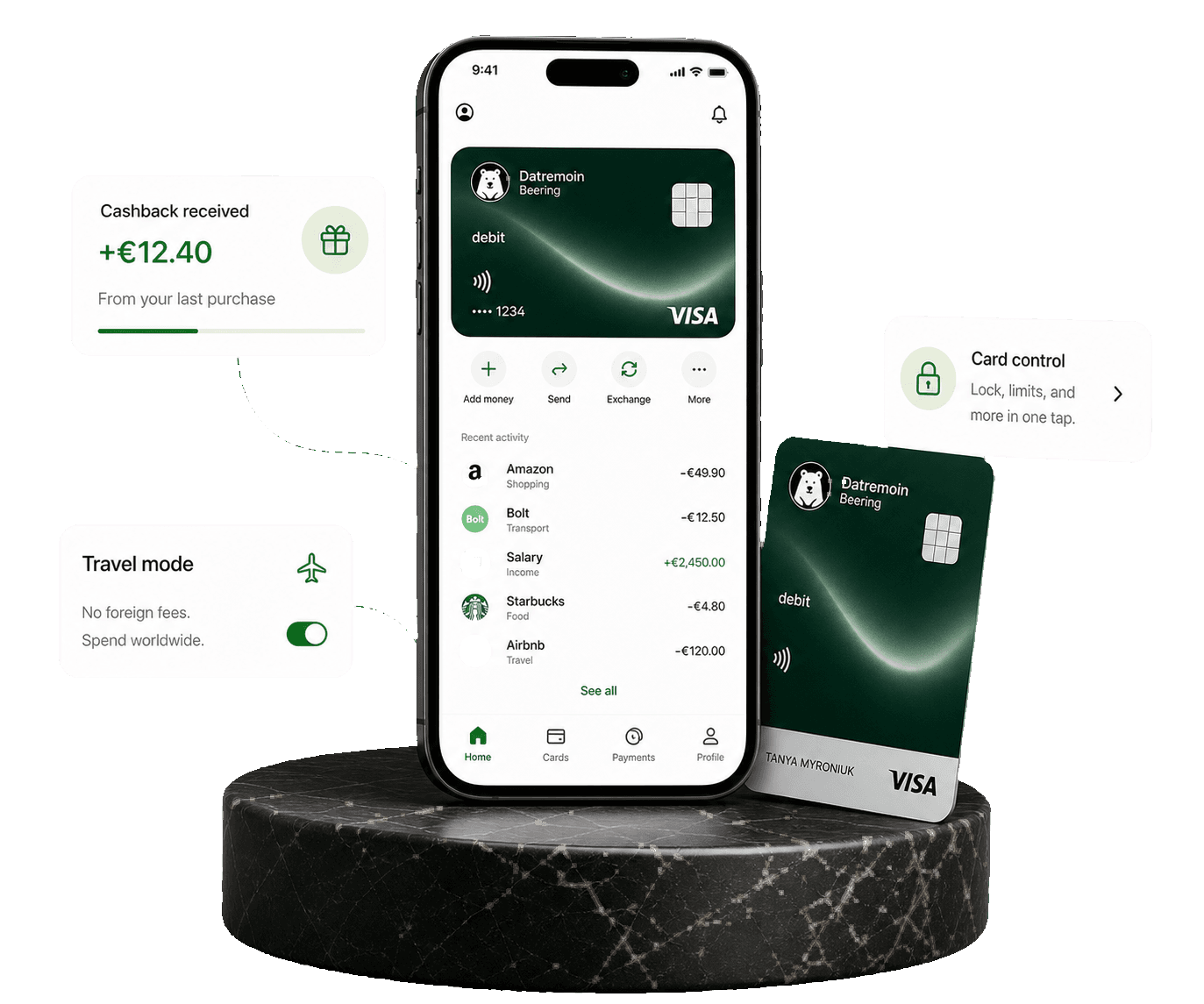 Mobile banking app with debit card shown in a product showcase